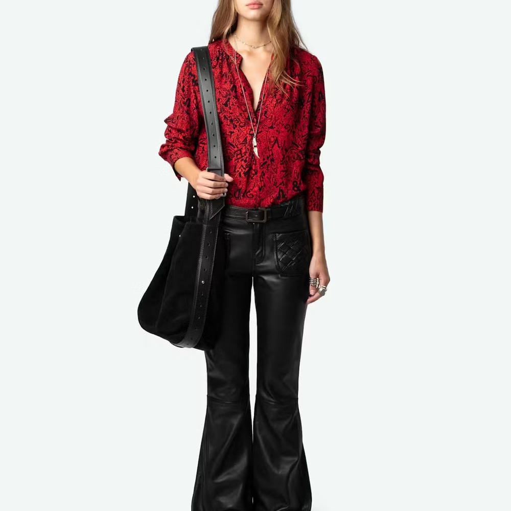 Chic Red Paisley Blouse with Black Leather Pants